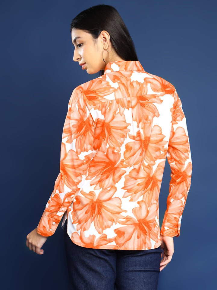 Women Orange Floral Printed Pure Cotton Boyfriend Fit Casual Shirt