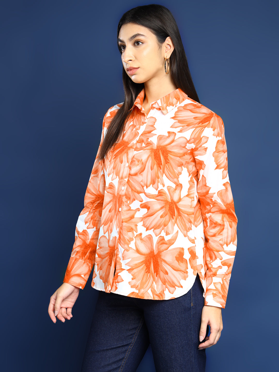 Women Orange Floral Printed Pure Cotton Boyfriend Fit Casual Shirt