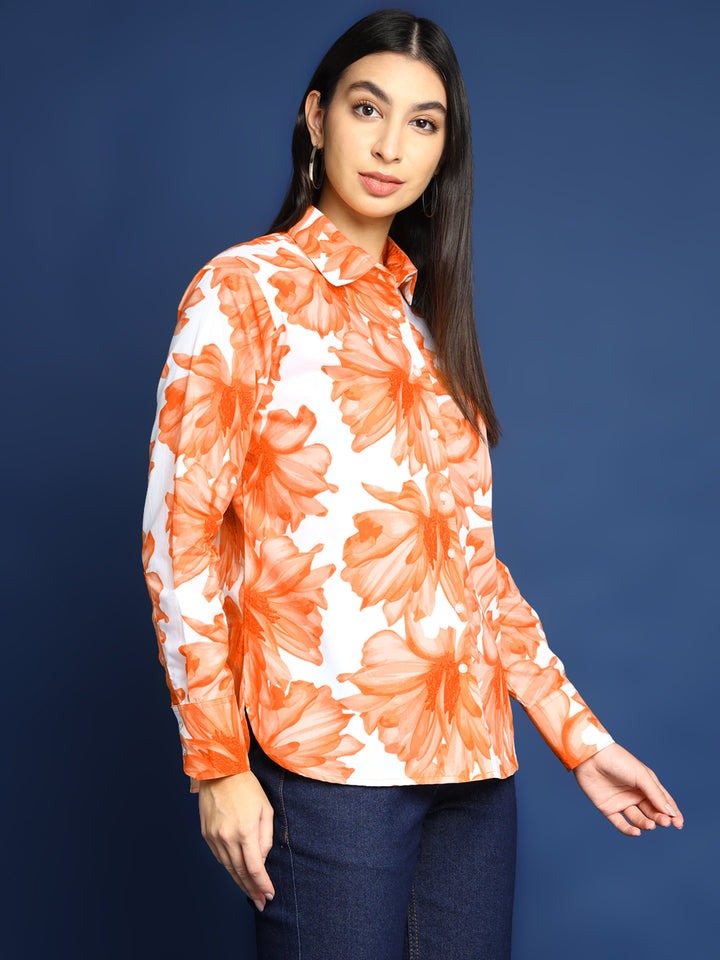 Women Orange Floral Printed Pure Cotton Boyfriend Fit Casual Shirt