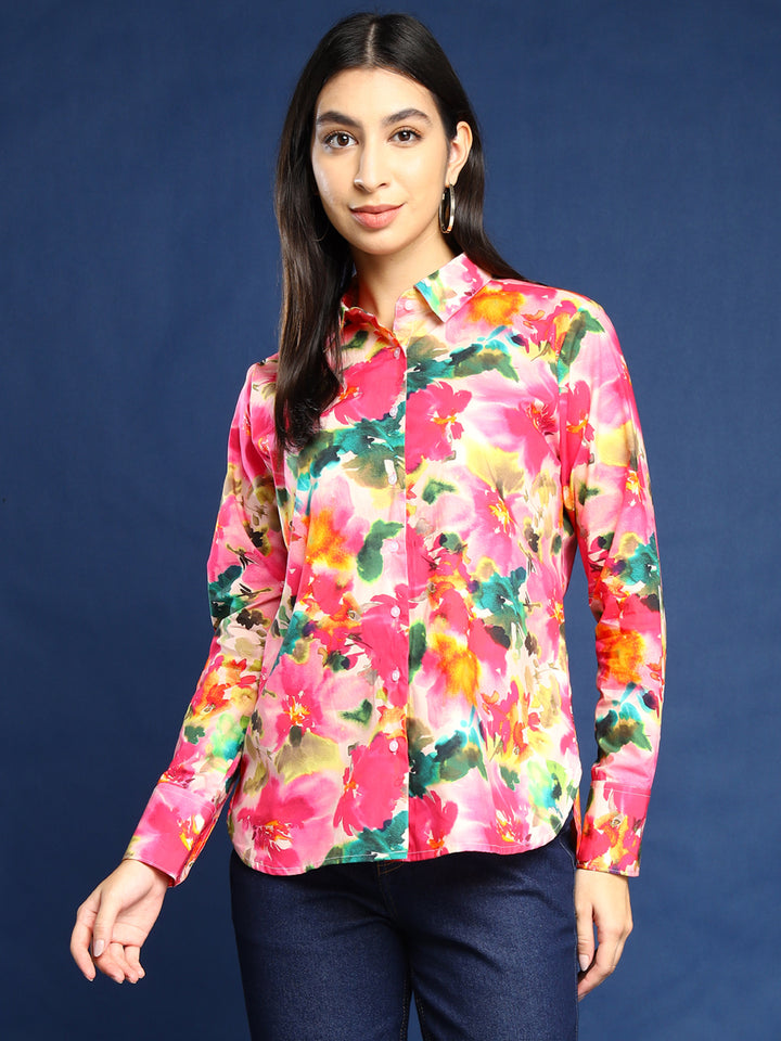 Women Pink and Multi Color Floral Printed Pure Cotton Boyfriend Fit Casual Shirt