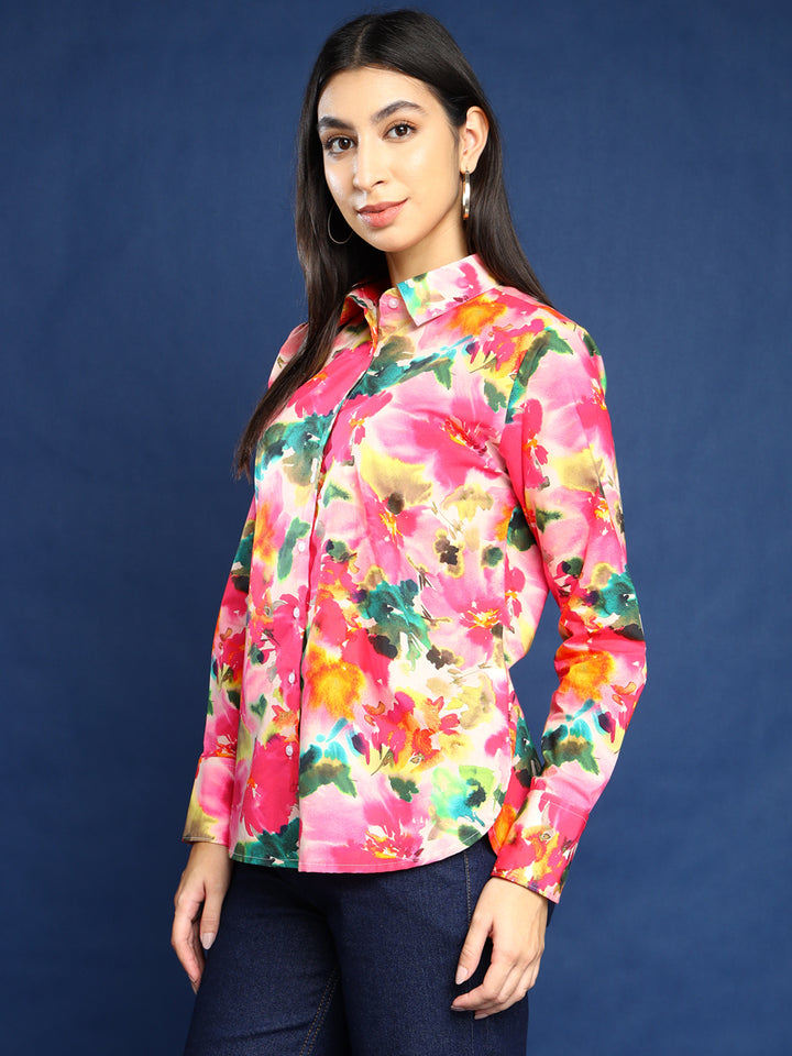 Women Pink and Multi Color Floral Printed Pure Cotton Boyfriend Fit Casual Shirt