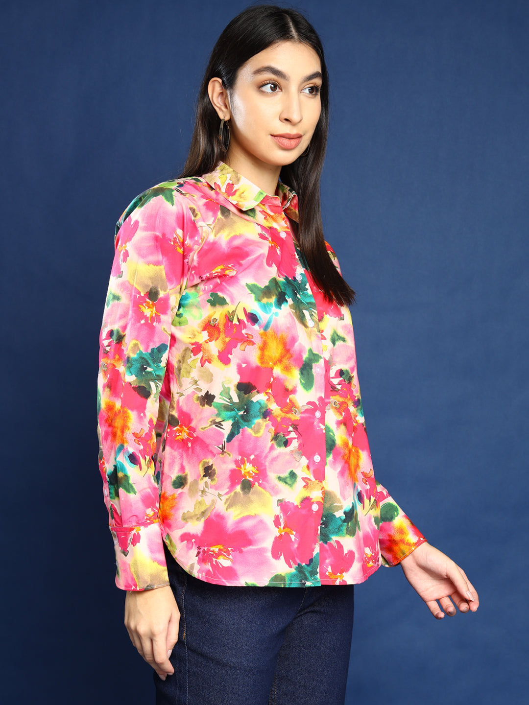 Women Pink and Multi Color Floral Printed Pure Cotton Boyfriend Fit Casual Shirt