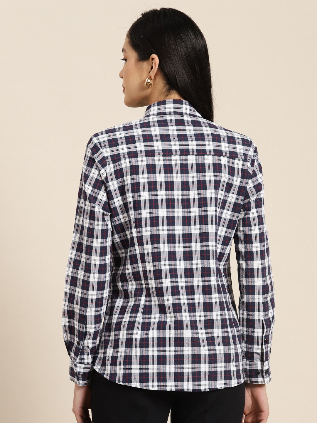 Women Navy Blue Checks Pure Cotton Formal Shirt