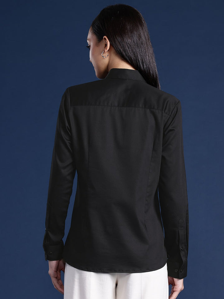 Women Black Solid Cotton Satin Stretchable Wrinkle Free Formal Shirt