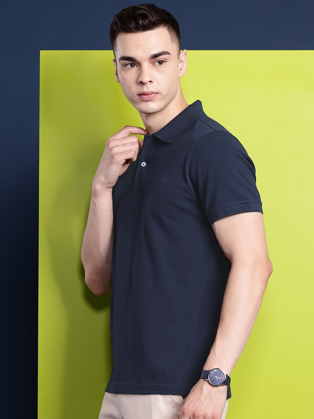 Men Navy Blue Solid Pure Cotton Relaxed T-Shirt