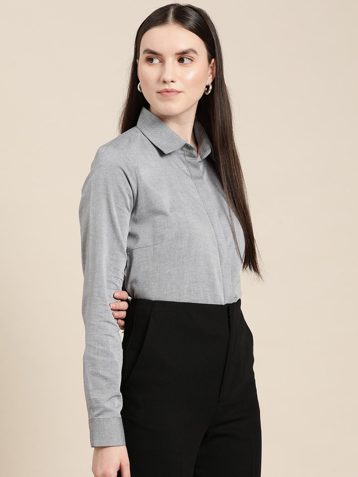 Women Grey Solid Self Design Pure Cotton Formal Shirt