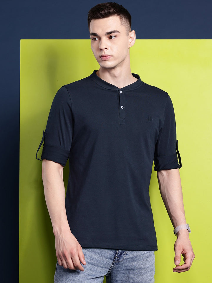 Men Navy Solid Pure Cotton Relaxed Fit Henley T-Shirt