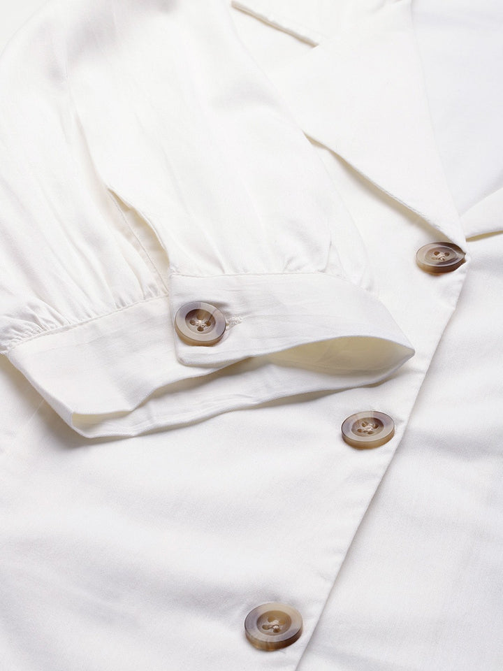 Women Cream Solid Pure Cotton Satin Pleated Formal Shirt