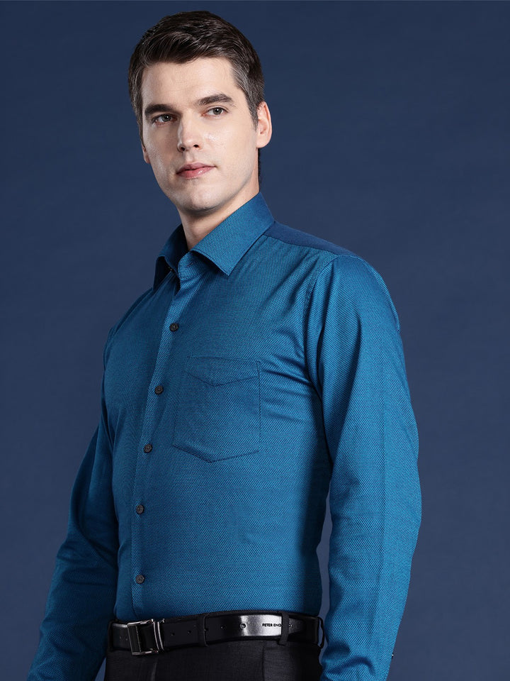 Men Turquoise Blue Solid Pure Cotton Slim Fit Formal Shirt