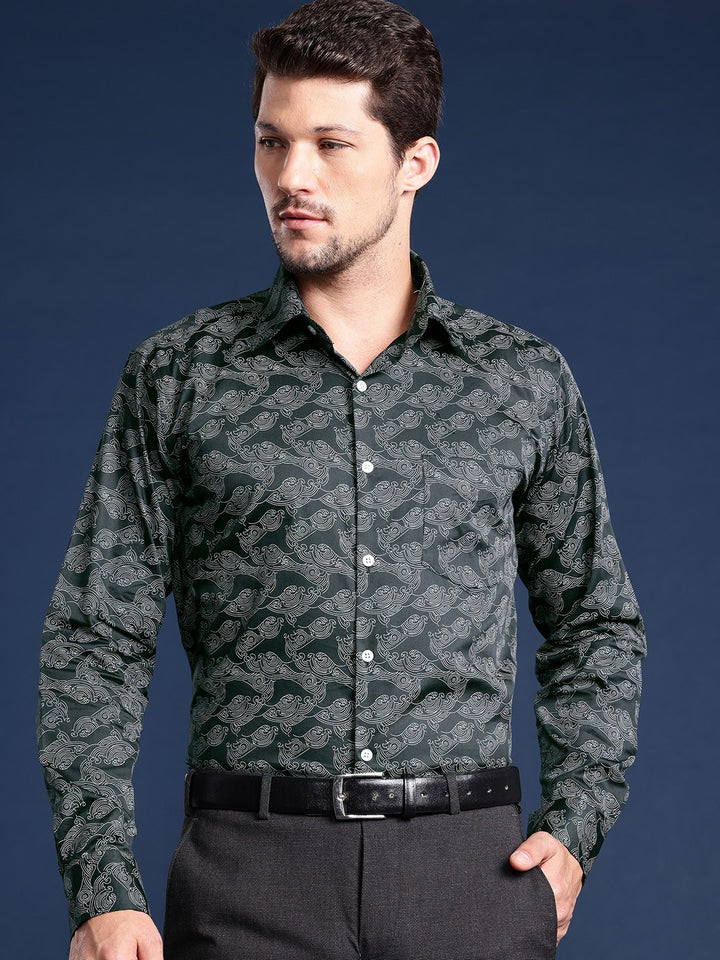 Men Bottle Green Printed Cotton Satin Slim Fit Formal Shirt