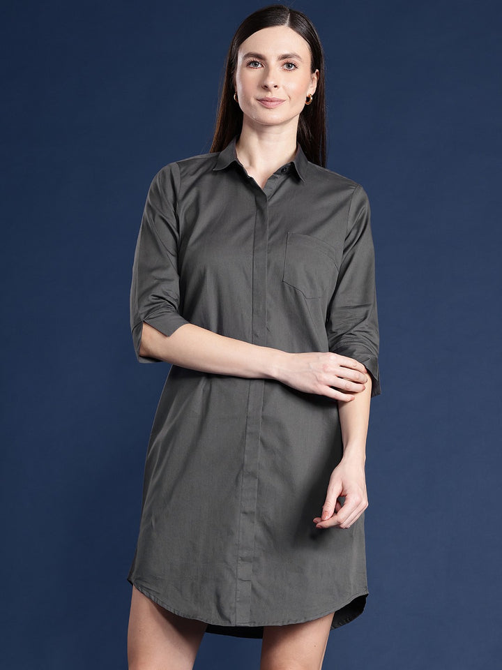 Women Grey Solid Pure Cotton Regular Fit Formal Shirt Dress