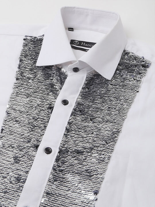 Men White Solid Embellished Sequinned Pure Cotton Slim Fit Party Shirt