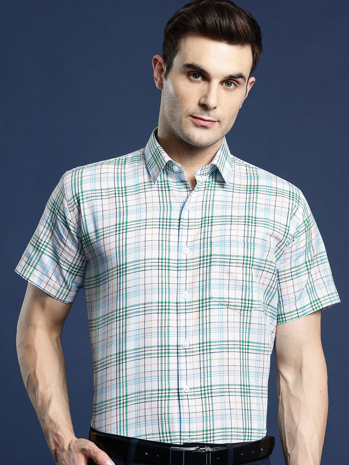 Men White & Green Checked Pure Cotton Slim Fit Formal Shirt