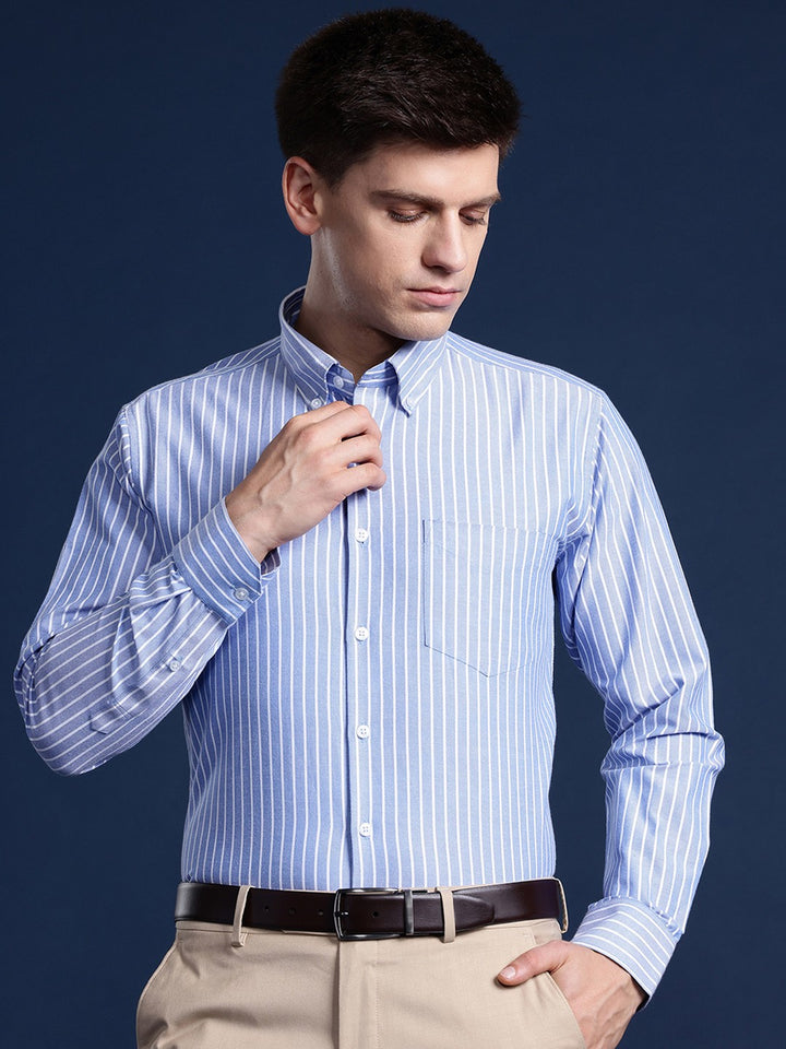 Men Blue Striped Cotton polyster Slim Fit Formal Shirt