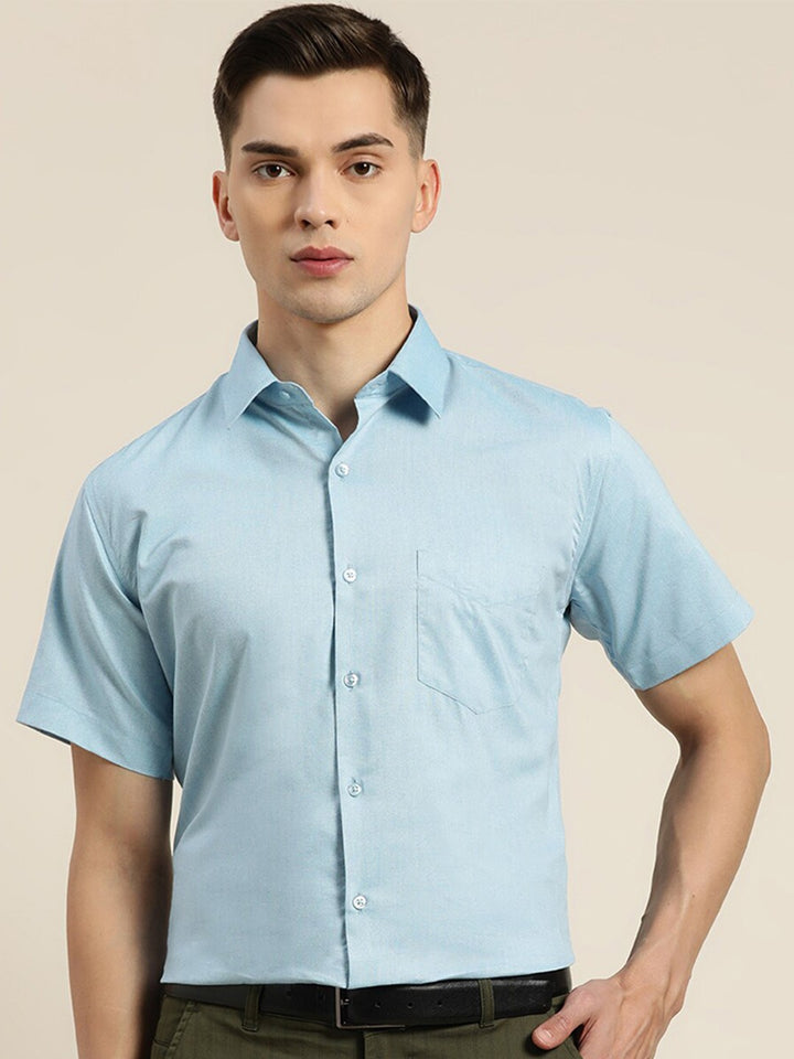 Men Blue Solid Pure Cotton Slim fit Formal Shirt