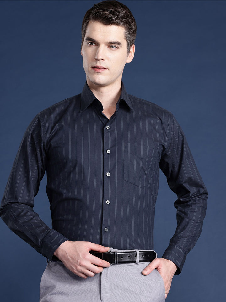 Men Navy Blue Striped Pure Cotton Slim Fit Formal Shirt