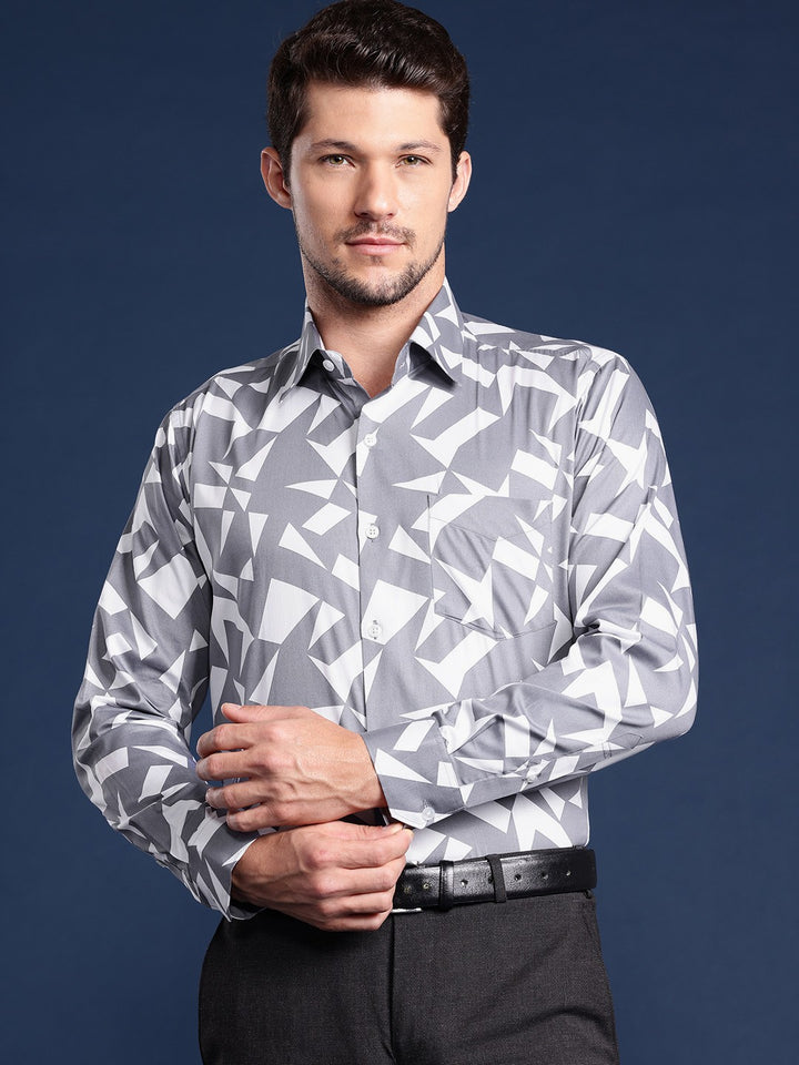 Men White & Grey Printed Cotton Satin Slim Fit Formal Shirt