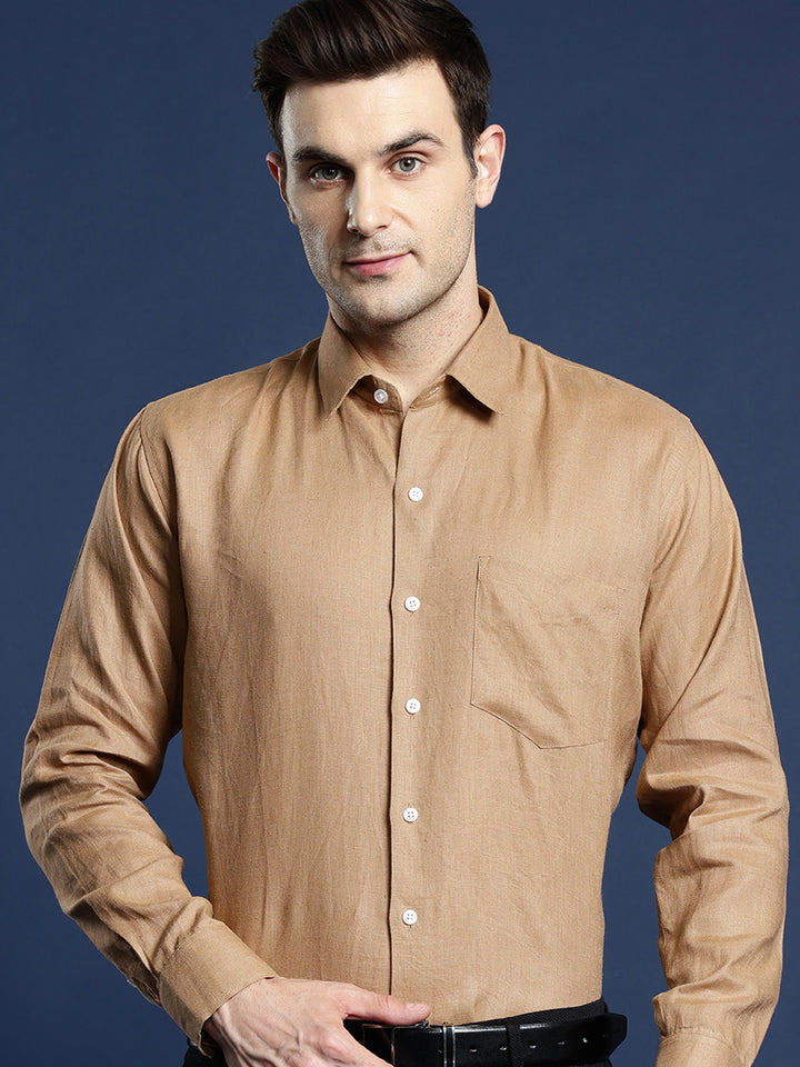 Men Khaki Solid Pure Linen Slim Fit Formal Shirt