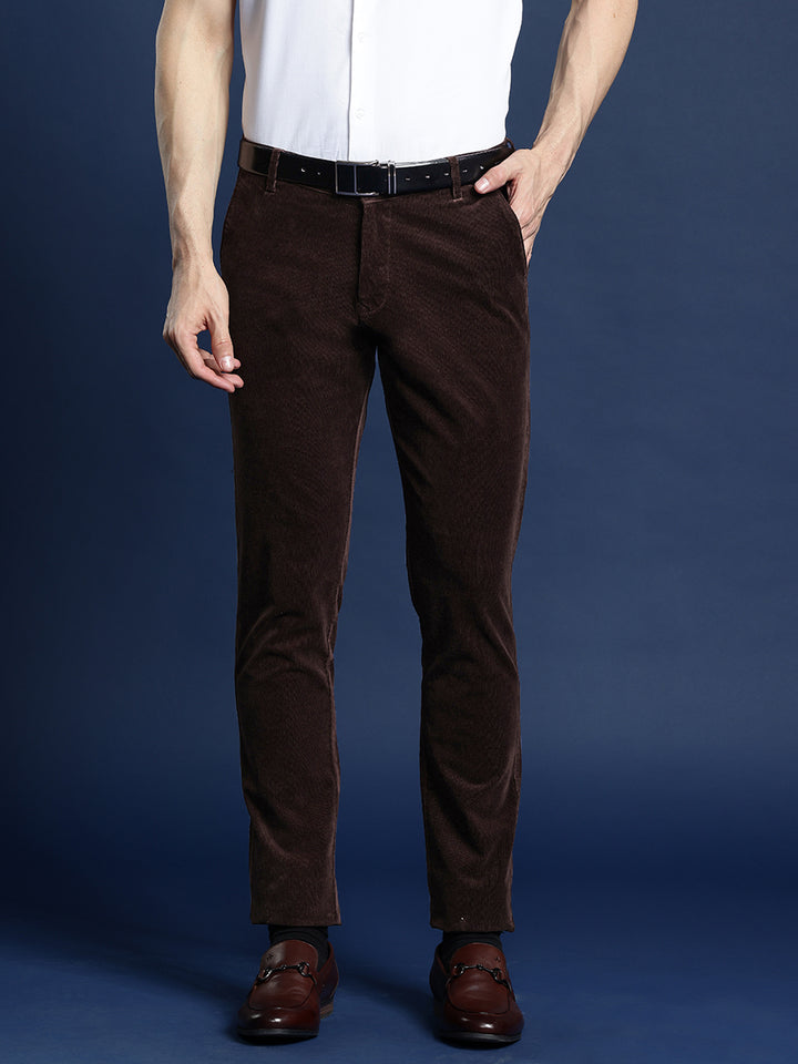 Men Coffee Solid Corduroy Cotton Elastane Stretchable Slim Fit Formal Trouser