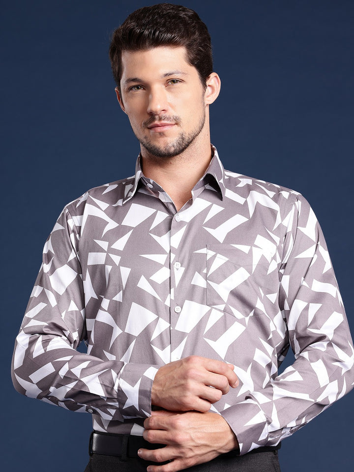 Men White & Mauve Printed Cotton Satin Slim Fit Formal Shirt