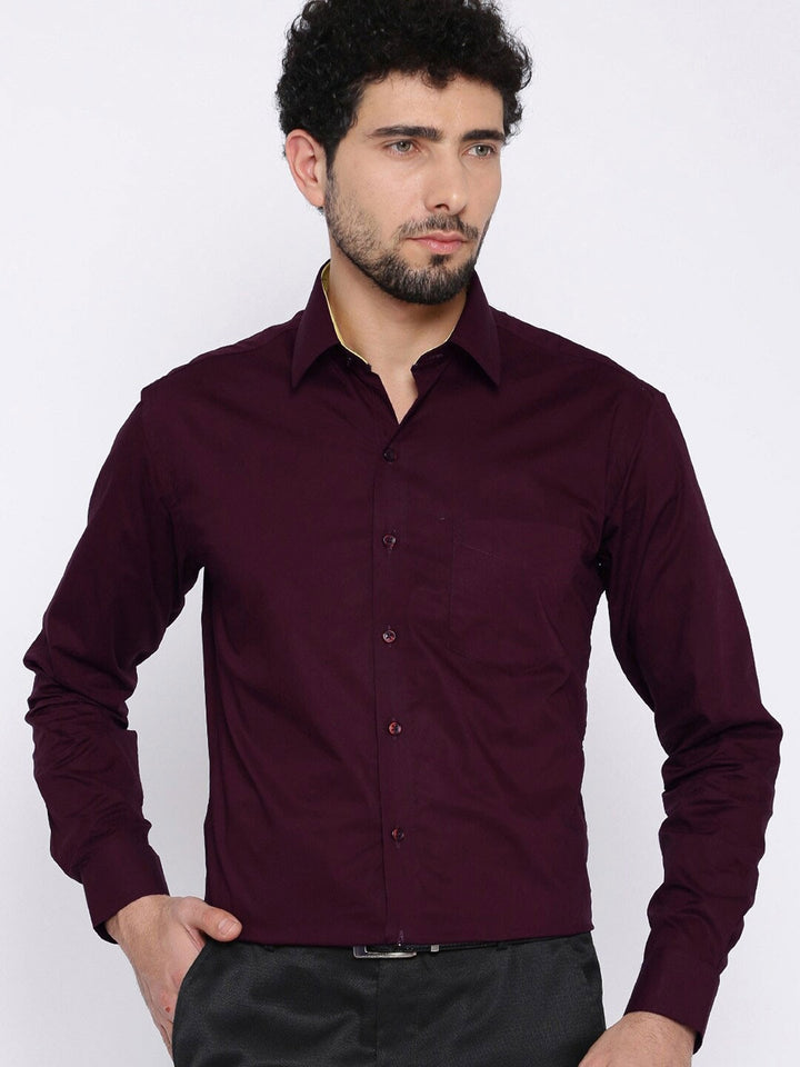 Men Burgundy Solid Pure Cotton Regular Fit Formal Shirt