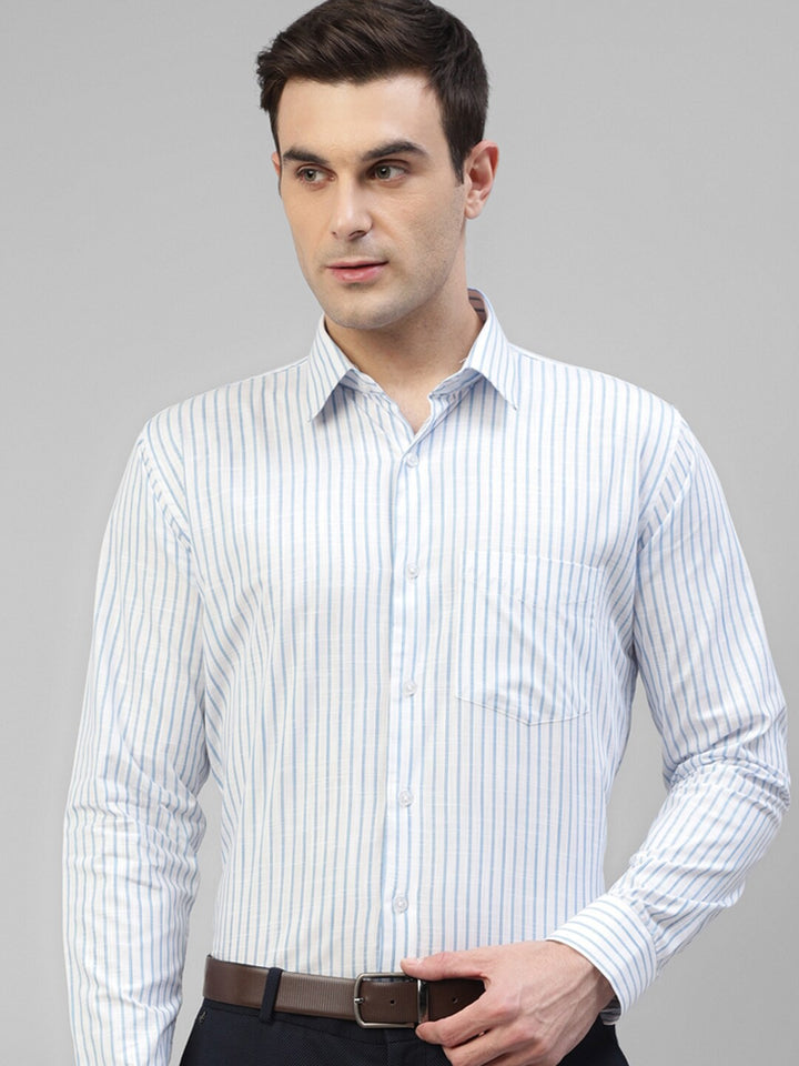 Men White & Blue Striped Linen Slim Fit Formal Shirt