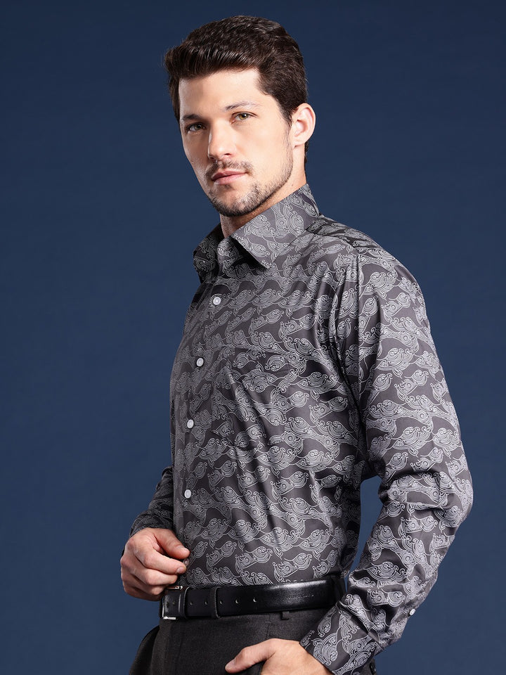 Men Dark Grey Printed Cotton Satin Slim Fit Formal Shirt