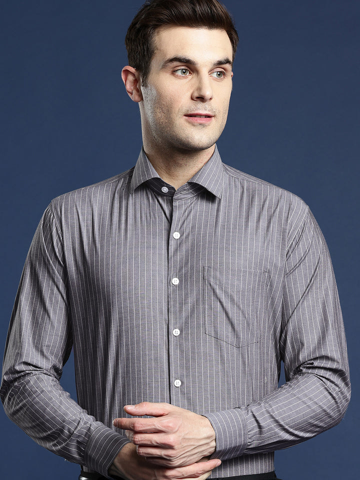 Men Grey Striped Pure Cotton Slim Fit Formal Shirt