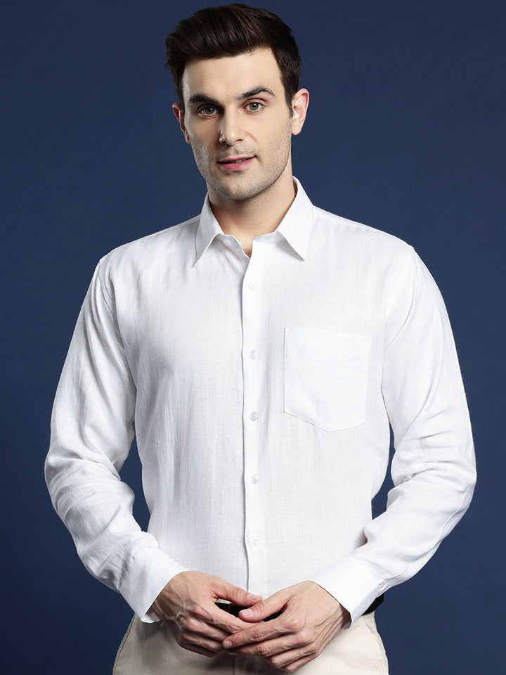 Men White Solid Pure Linen Slim Fit Formal Shirt