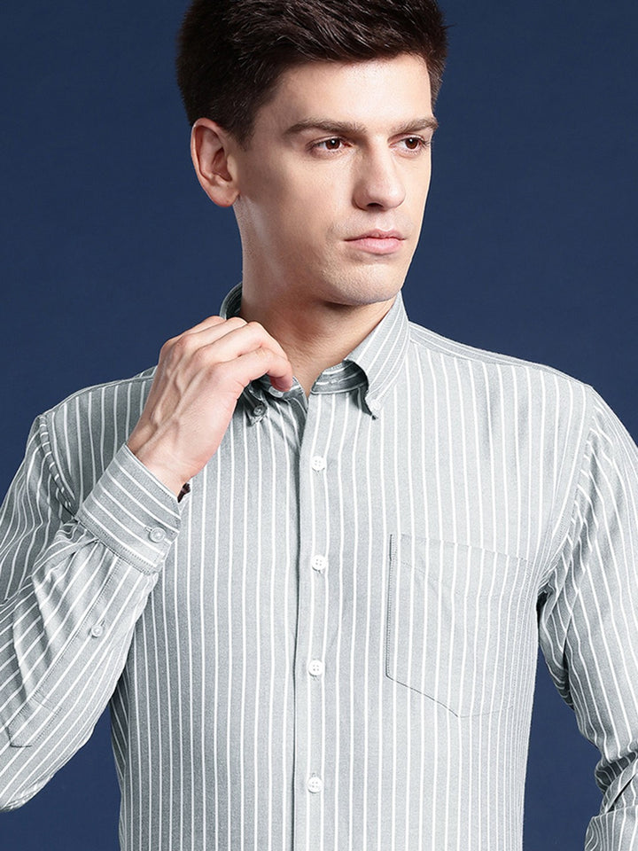 Men Grey Striped Cotton polyster Slim Fit Formal Shirt