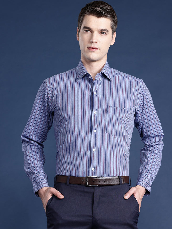 Men Grey Striped Cotton Elastane Slim Fit Formal Shirt