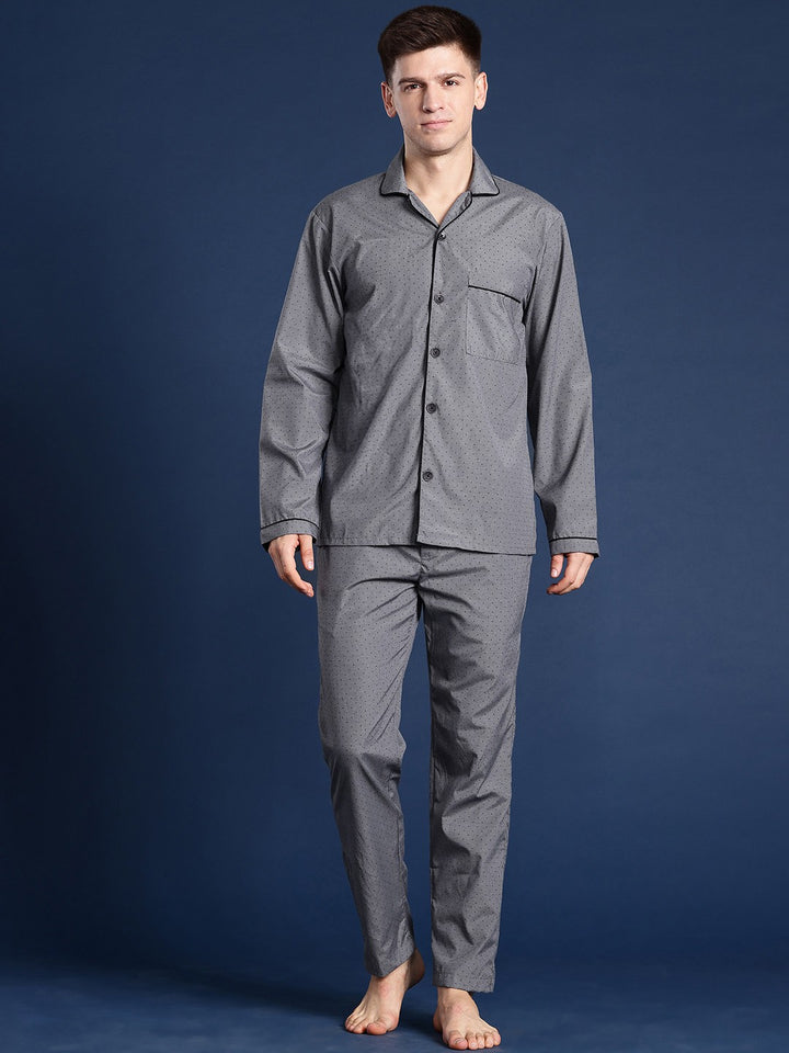 Men Grey Solid Pure Cotton Relaxed Fit Casual Night Suit