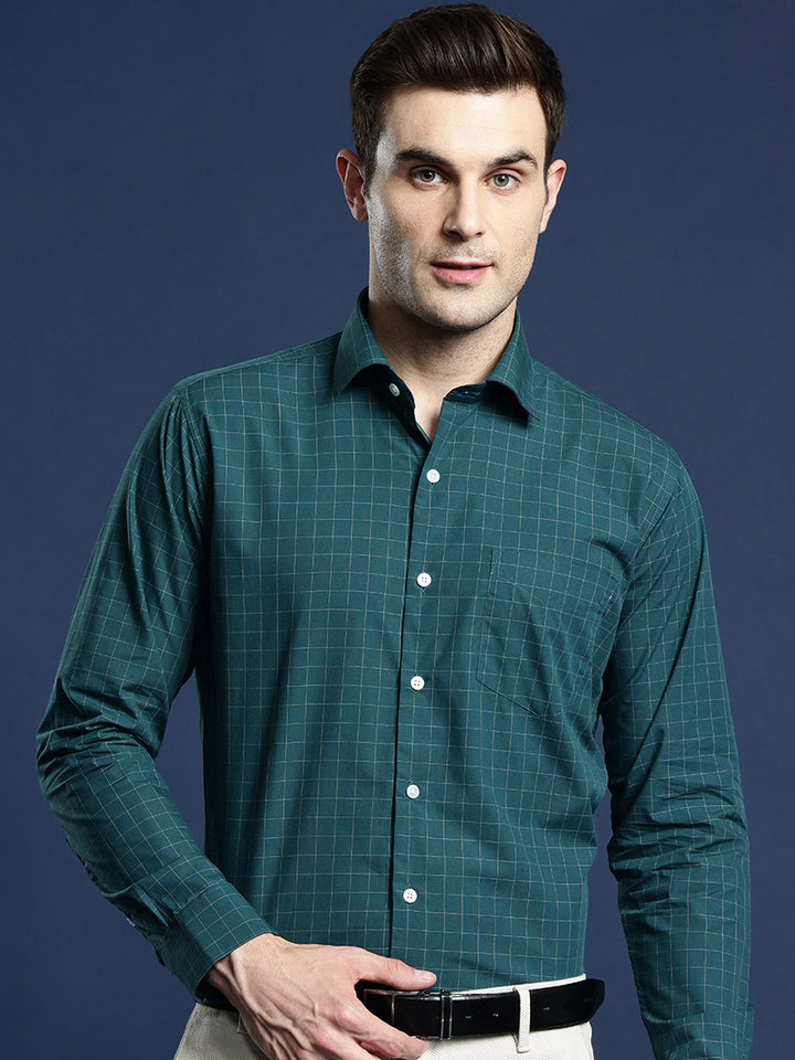 Men Bottle Green Grid Tattersal Checked Pure Cotton Slim Fit Formal Shirt