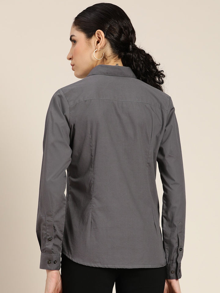 Women Grey Solid Pure Cotton Plus Size Formal Shirt