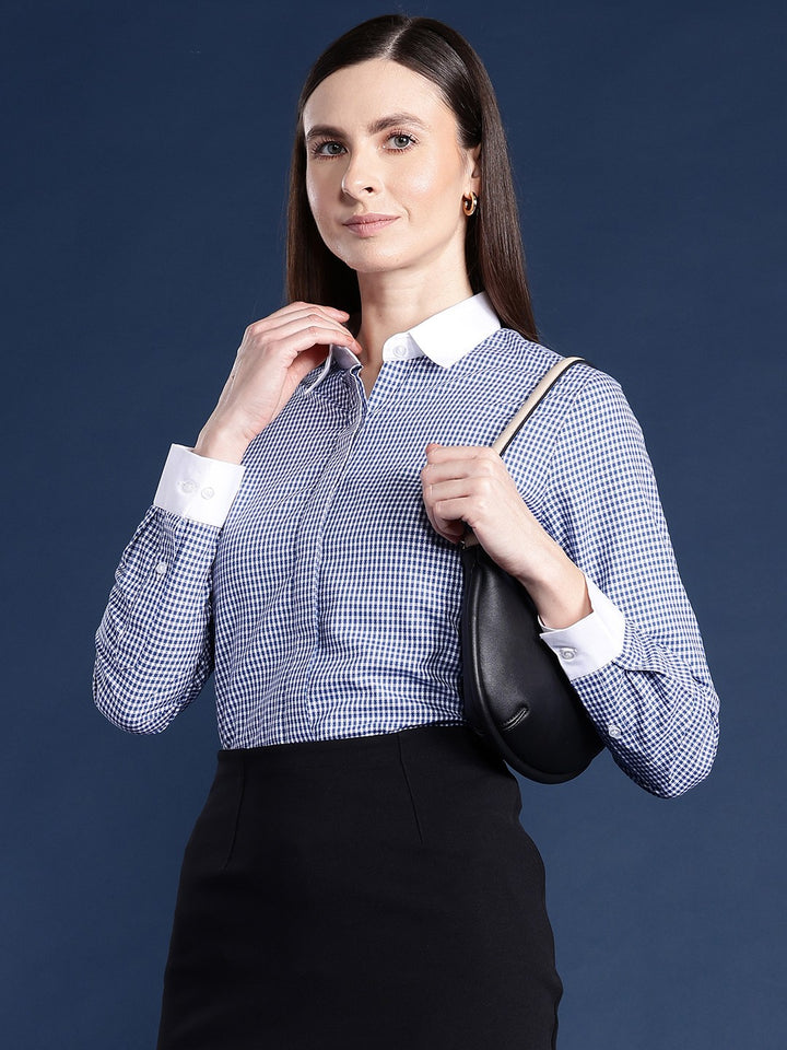 Women Blue Checks Pure Cotton Bankers Formal Shirt