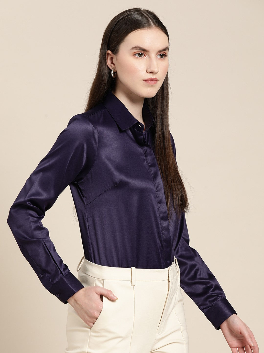 Women Purple Solid Satin Formal Shirt