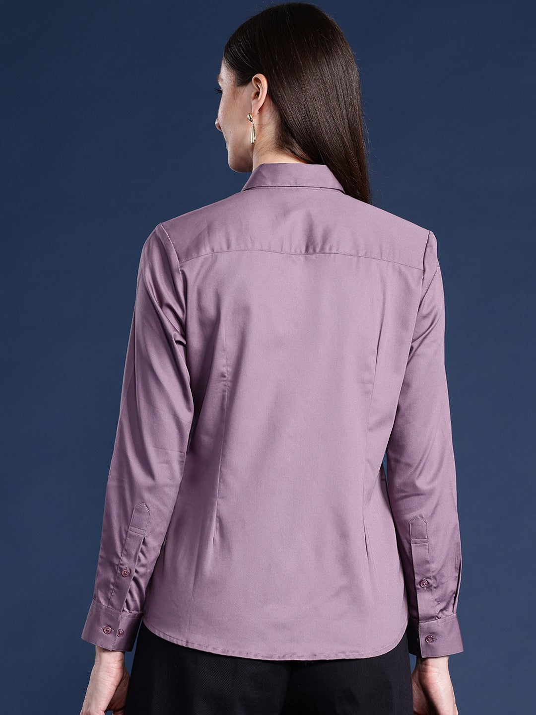 Women Purple Solid Cotton Satin Stretchable Wrinkle Free Formal Shirt