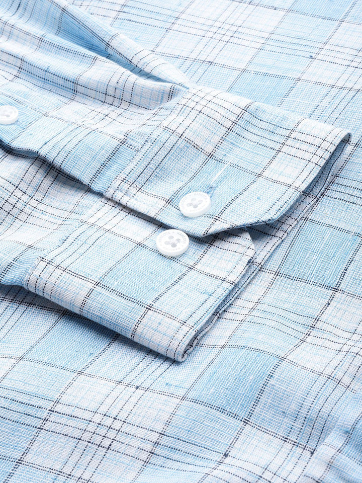 Men Blue Checked Pure Linen Cotton Slim Fit Formal Shirt