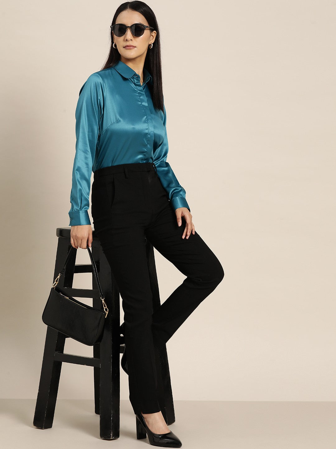 Women Green Solid Satin Formal Shirt