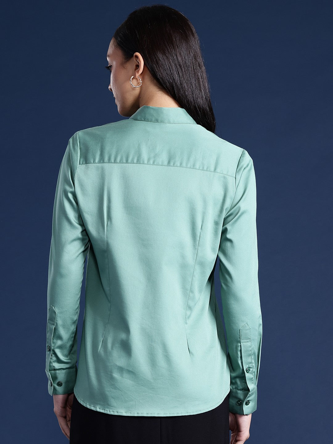 Women Green Solid Cotton Satin Stretchable Wrinkle Free Formal Shirt