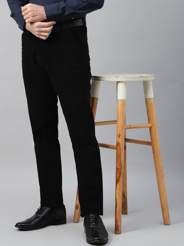 Men Black Solid Cotton Velvet Stretchable Slim Fit Party Trousers