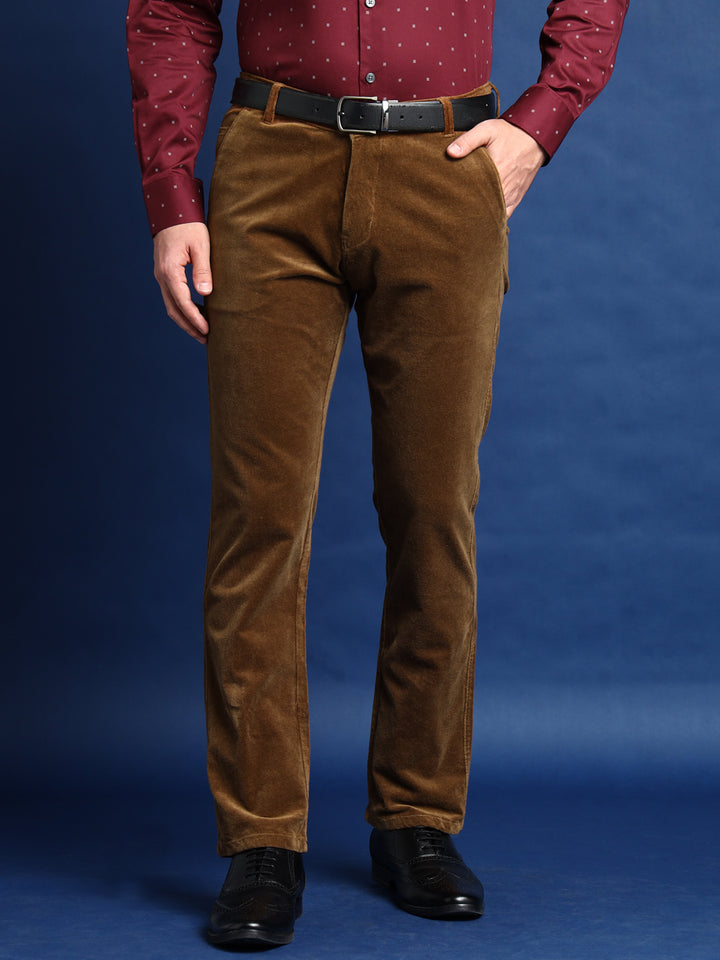 Men Cinnamon Brown Solid Pure Cotton Velvet Stretchable Slim Fit Party Trousers