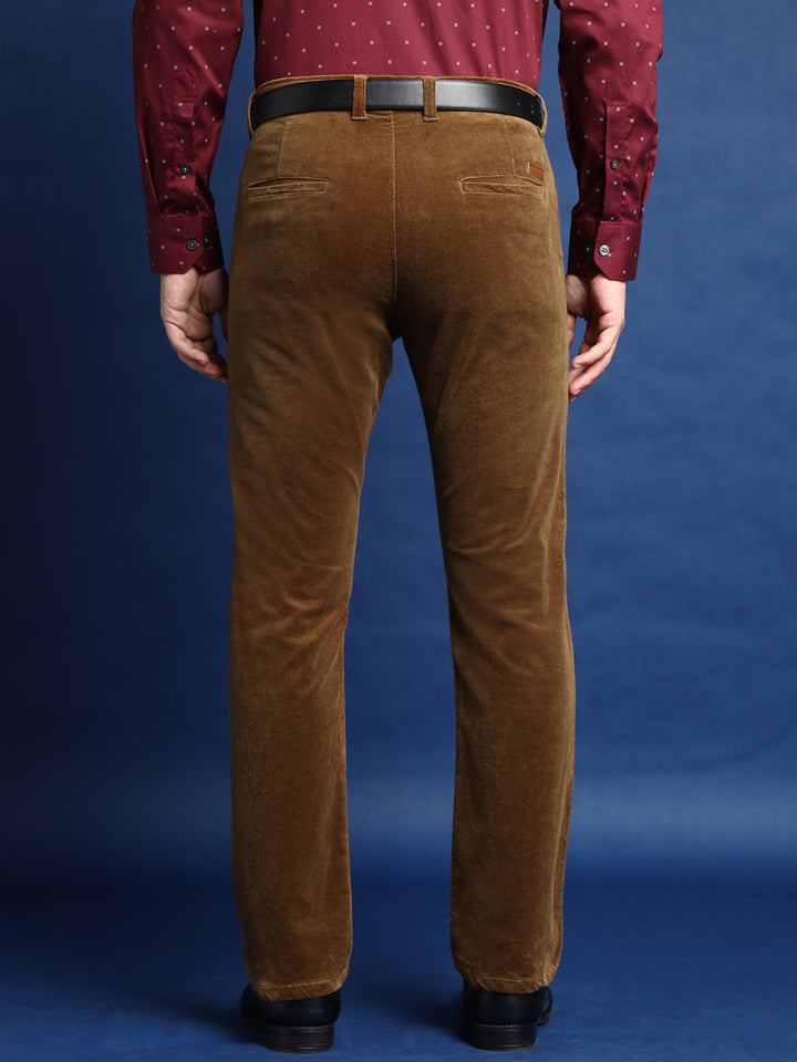 Men Cinnamon Brown Solid Pure Cotton Velvet Stretchable Slim Fit Party Trousers