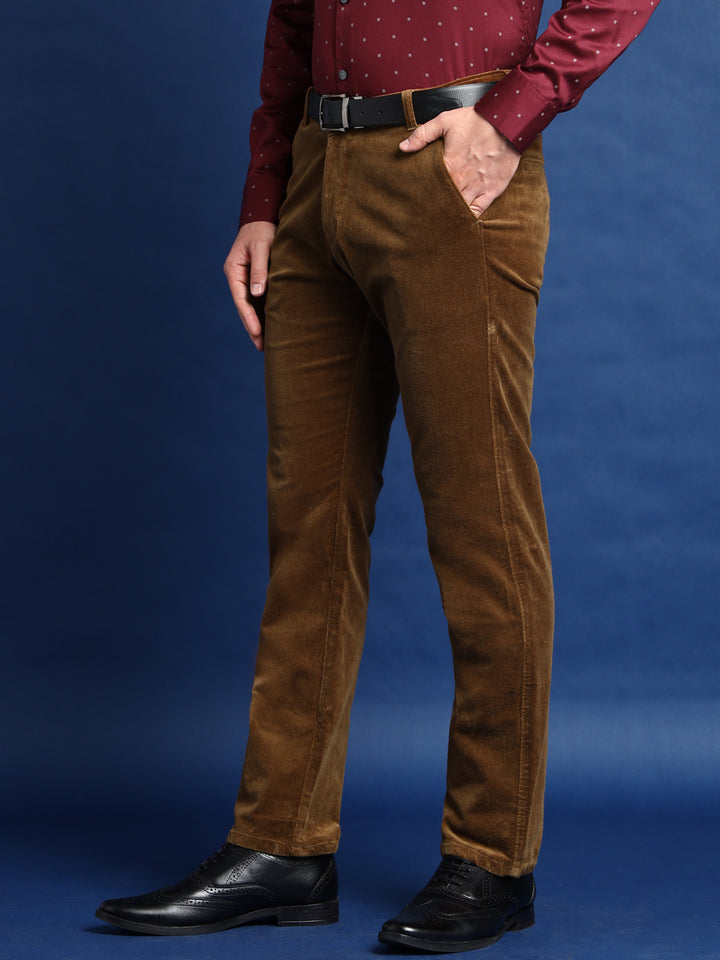 Men Cinnamon Brown Solid Pure Cotton Velvet Stretchable Slim Fit Party Trousers