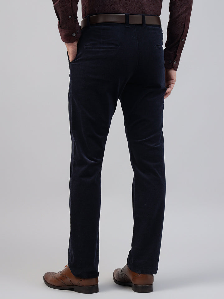 Men Navy Blue Solid Pure Cotton Velvet Stretchable Slim Fit Party Trousers