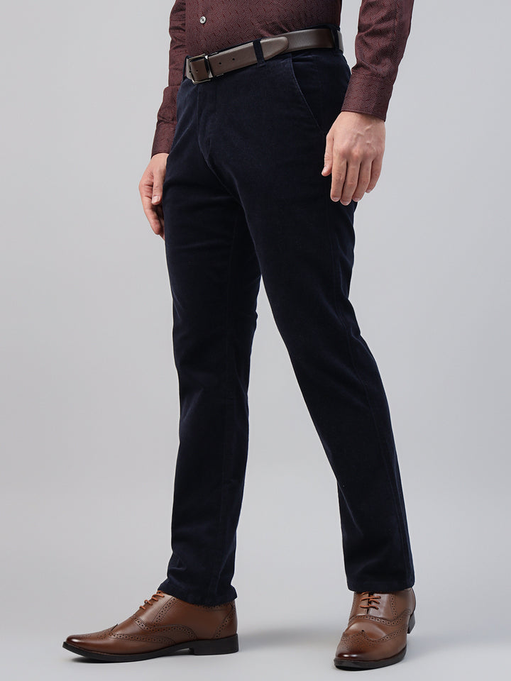 Men Navy Blue Solid Pure Cotton Velvet Stretchable Slim Fit Party Trousers