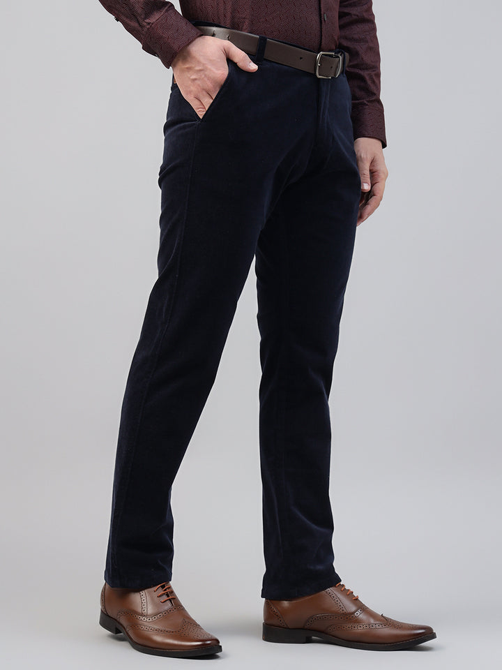 Men Navy Blue Solid Pure Cotton Velvet Stretchable Slim Fit Party Trousers