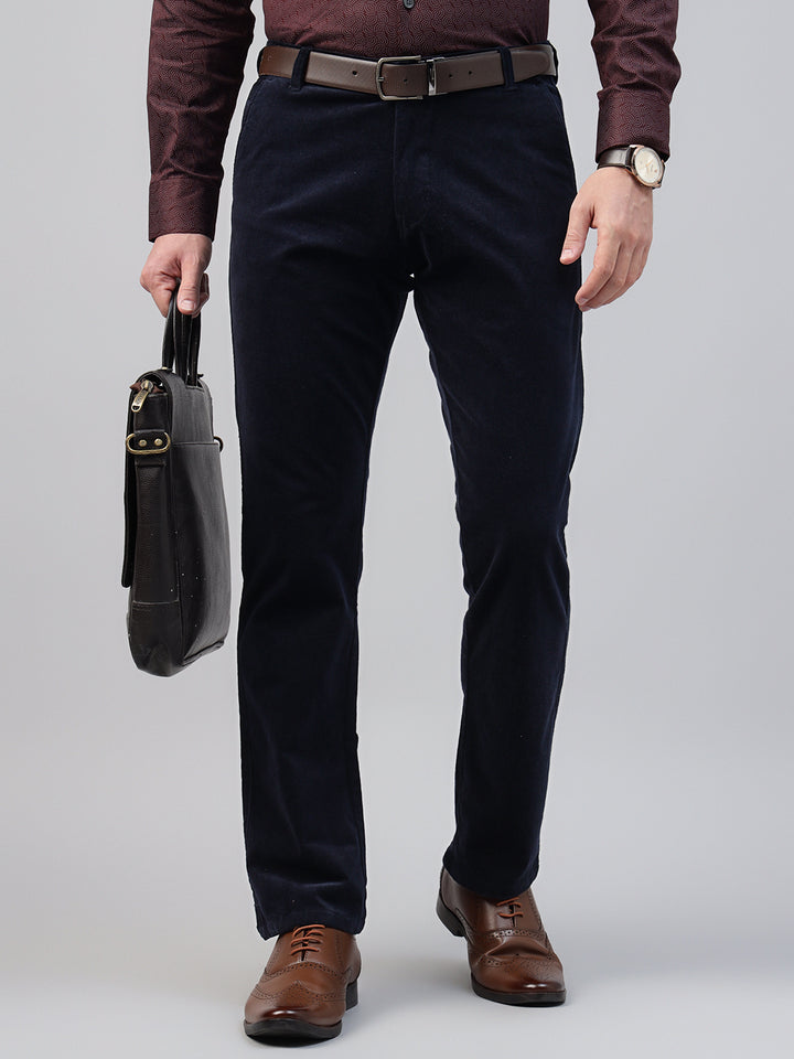 Men Navy Blue Solid Pure Cotton Velvet Stretchable Slim Fit Party Trousers