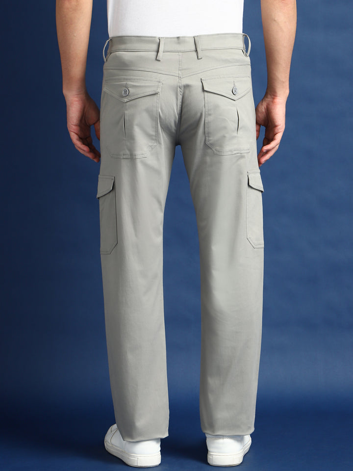 Men Ash Grey Solid Cotton Stretchable Straight Fit Cargo Pant