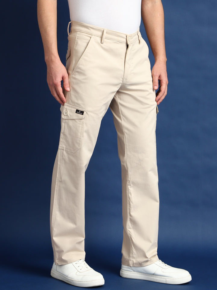 Men Beige Solid Cotton Stretchable Straight Fit Cargo Trouser